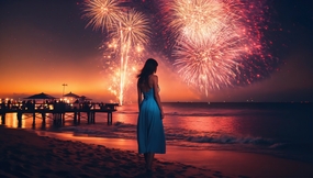 海边跨年看烟花夜景的美女背影图片